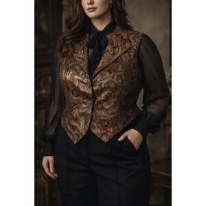 VTG Coldwater Creek Gold Metallic Paisley Brocade Vest Victorian Steampunk 1X